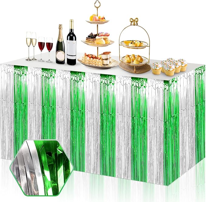 3 Pack 29x108 Inch Silver Green Foil Fringe Table Skirts Metallic Banner by Ferwzsr