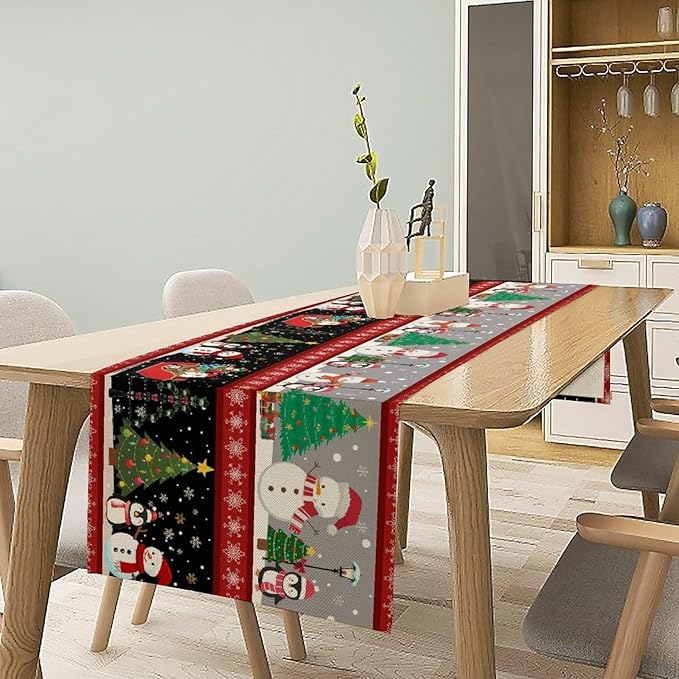 Christmas Table Runner, Cartoon Snowman Tree Xmas Deer Elk Santa Claus Print - Image 5
