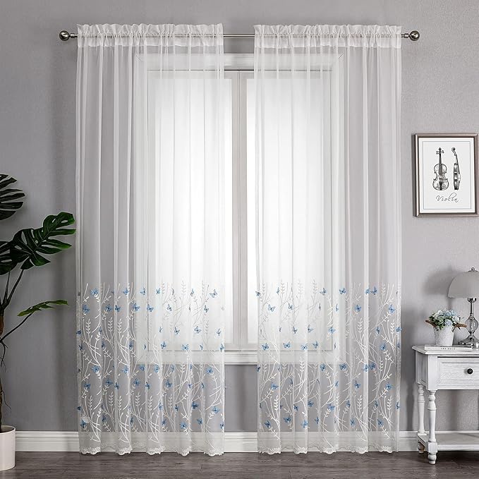 VISIONTEX White Sheer Voile Curtains, Decorative White Embossed Drip Rod Pocket - Image 2