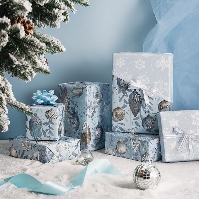 LeZakaa Christmas Silver Wrapping Paper Mini Roll, Reversible Design - Image 2