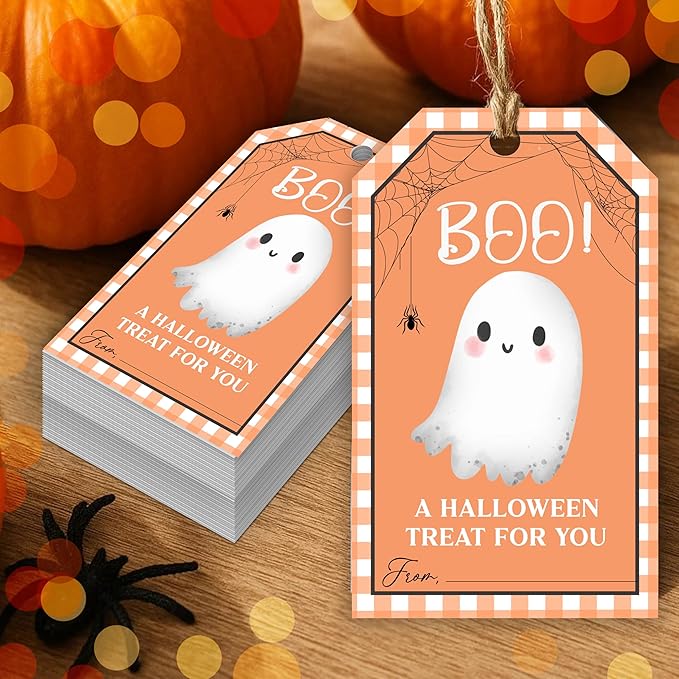 50 Pcs Halloween Tags with String, 2.1"×3.5" Boo Paper Gifts Tags, Ghost Trick by HandEasy