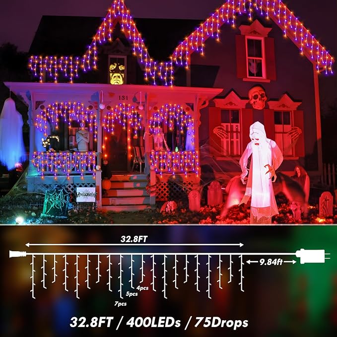 KNONEW Orange Purple Halloween Lights 33FT 400 LED String Lights Outdoor - Image 7
