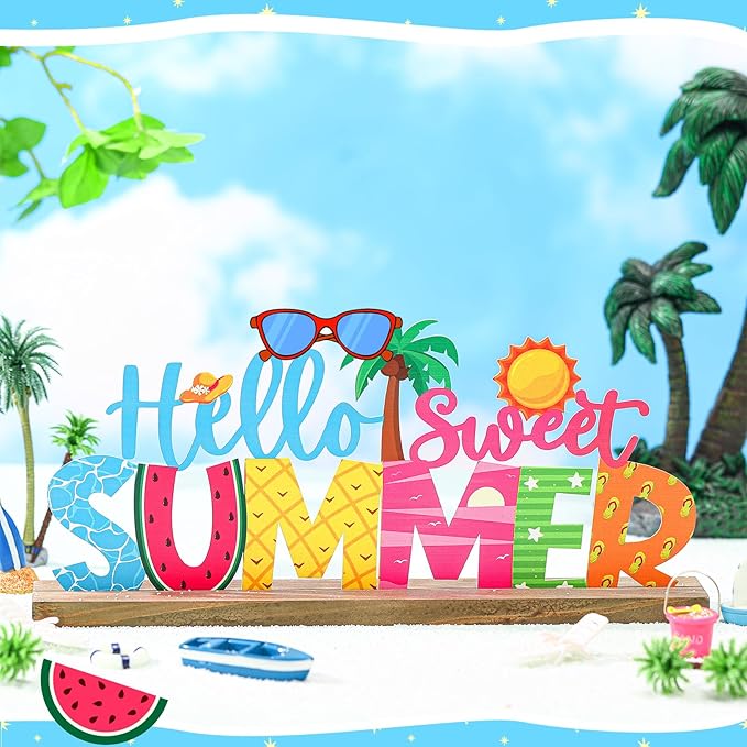 Hello Sweet Summer Metal Sign Rustic Table Decor Holiday Tiered Tray Decor - Image 3