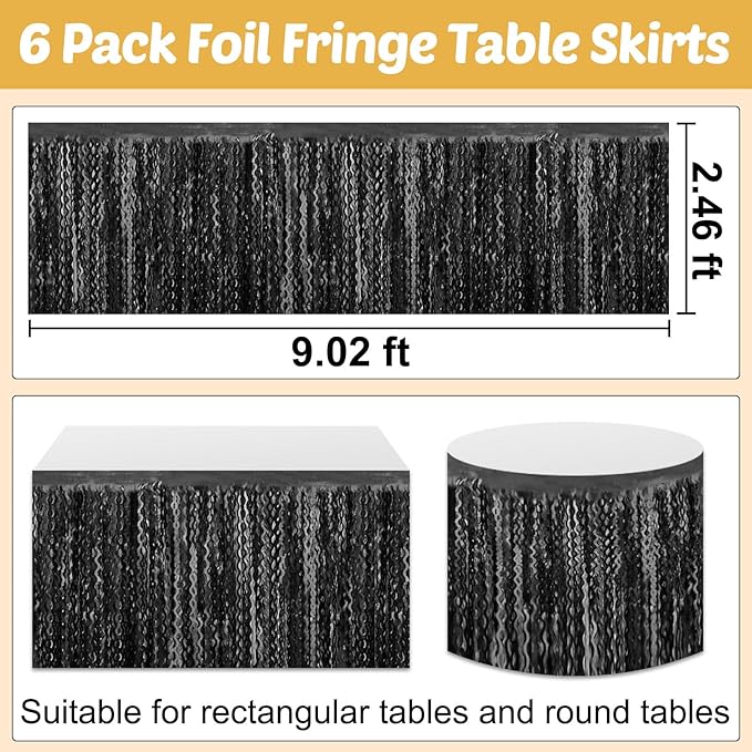 6 Pack 29x108 Inch Black Wave Foil Fringe Table Skirts Metallic Banner - Image 2