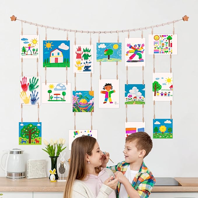 KOLLIEE Kids Artwork Display Art Wall Decor 4.93ft Boho Wooden Beaded Garland - Image 3