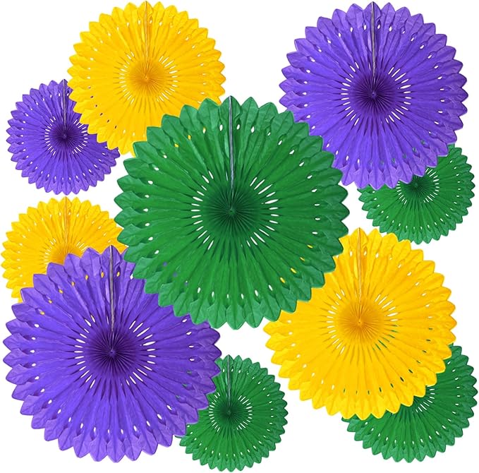 18 Pcs Mardi Gras Hanging Honeycomb Paper Fans, Round Paper Fan Decorations by Tisspoms