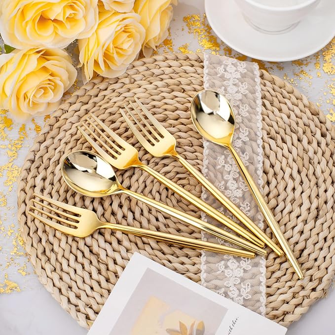SUT 200PCS Gold Plastic Forks and Spoons Heavy Duty Set, Disposable Utensils - Image 4