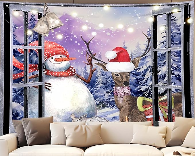 QGHOT Christmas Window Tapestry Wall Hanging Christmas Backdrop Winter Window - Image 5