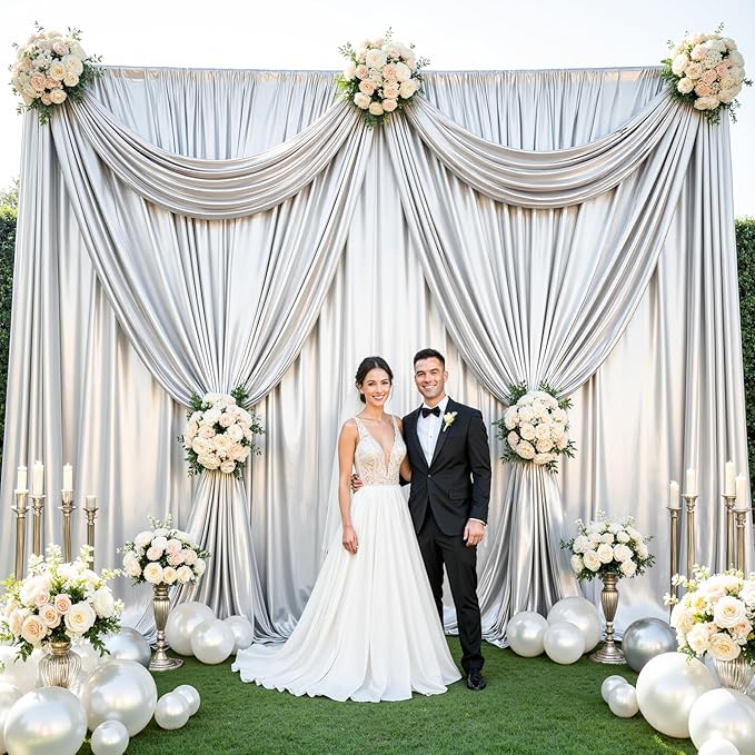 Silver Satin Backdrop Curtains 2 Panels - Image 8