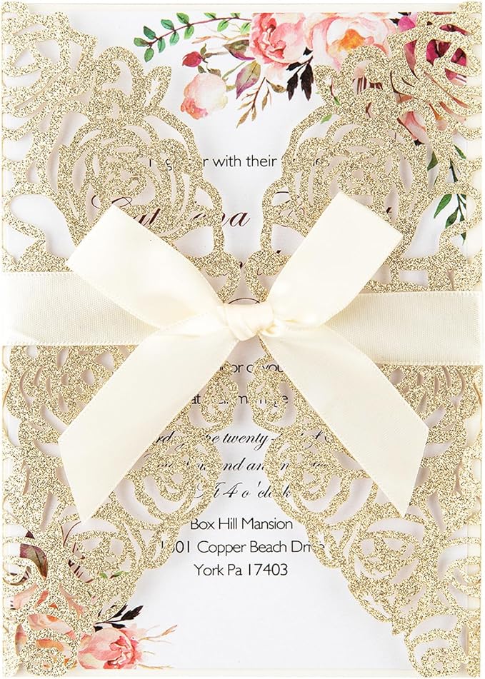50pcs Gold Glitter Laser Cut Invitation Pockets Rose Personalized Blank Wedding by Maffily