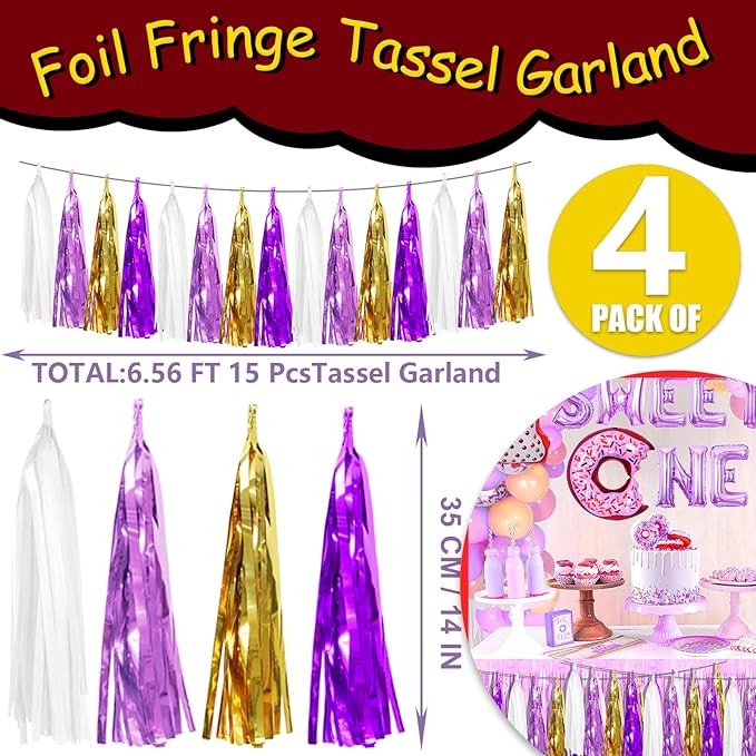 4P Purple-Gold Foil Fringe Tassel Banner Garland Metallic Tinsel Streamers Wall - Image 2