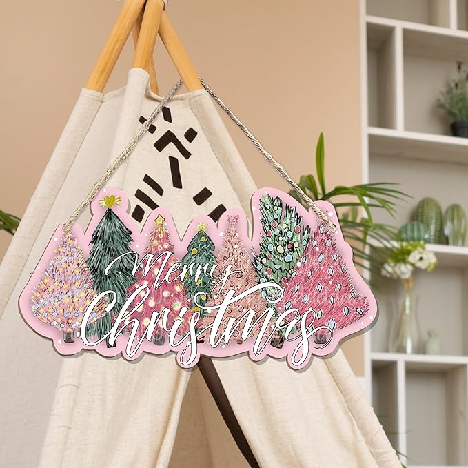 CGBHW Pink and Green Christmas Tree Wooden Sign, Merry Christmas Decoration - Image 5