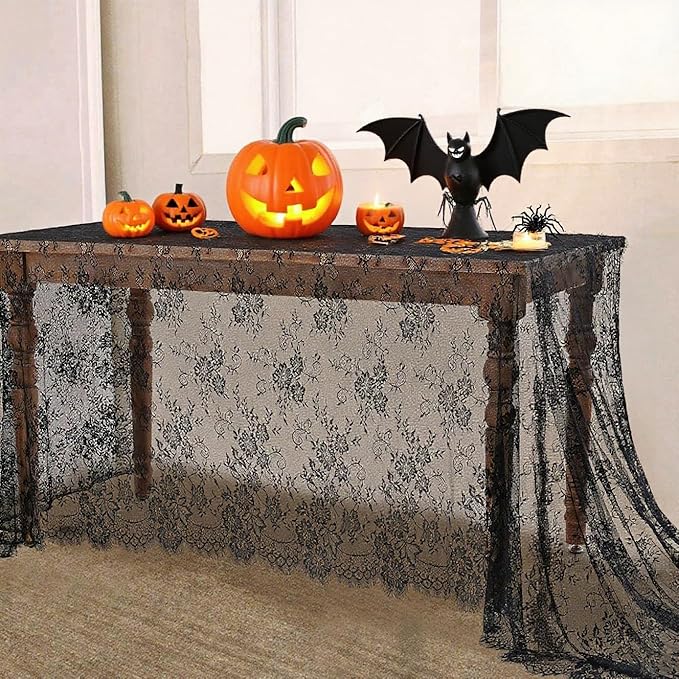 Black Tablecloth Halloween Lace Table Fabric 2pcs 60x120 Inch by LuoluoHouse