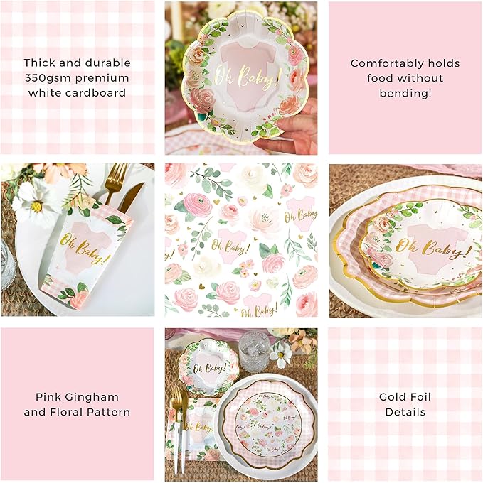 Kate Aspen Baby Shower Onesie Pink Floral & Gingham Tableware Set - Image 5