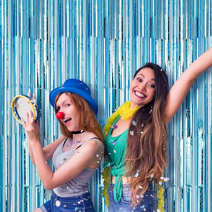 2 Pack 3.3x8.2 Feet Light Blue Foil Fringe Backdrop Curtains, Tinsel Streamers - Image 6