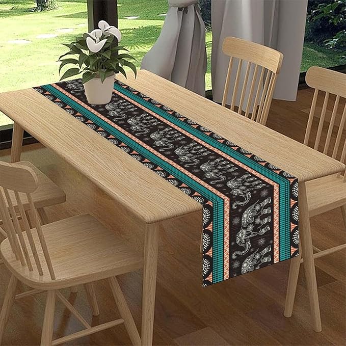 Boho Elephant Table Runner, Vintage Tribal Traditional Bohemian African Animals - Image 3