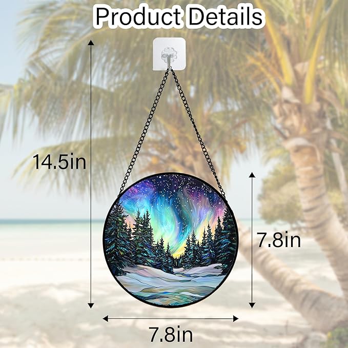 Stained Glass Window Hanging, Aurora Landscape Sun Catchers Glass Panel Green - Image 5