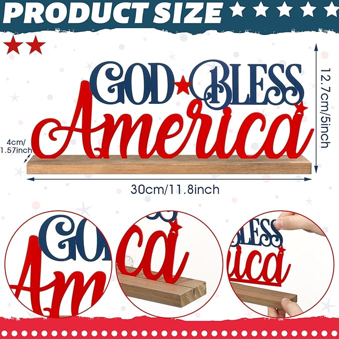 Patriotic God Bless America Metal Sign Rustic Table Decor Holiday Tiered Tray - Image 2