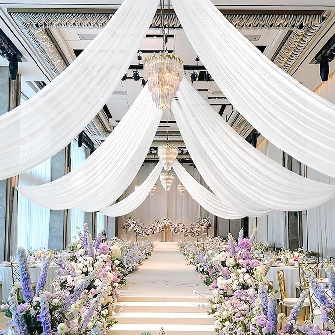 6 Panels White Ceiling Drapes for Wedding 5ftx15ft Sheer Drapery Chiffon Fabric by REWOMC