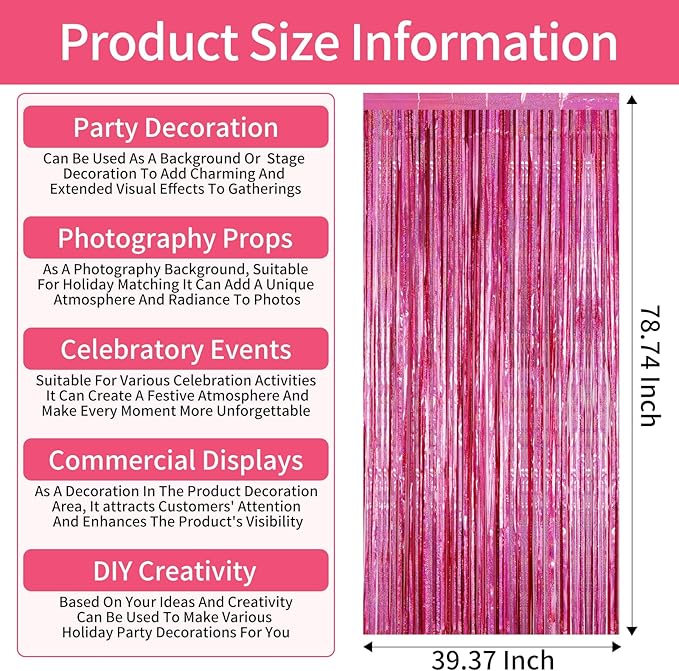 Picoway 4 Pack Pink Foil Fringe Tinsel Backdrop Curtains, Birthday Engagement - Image 4