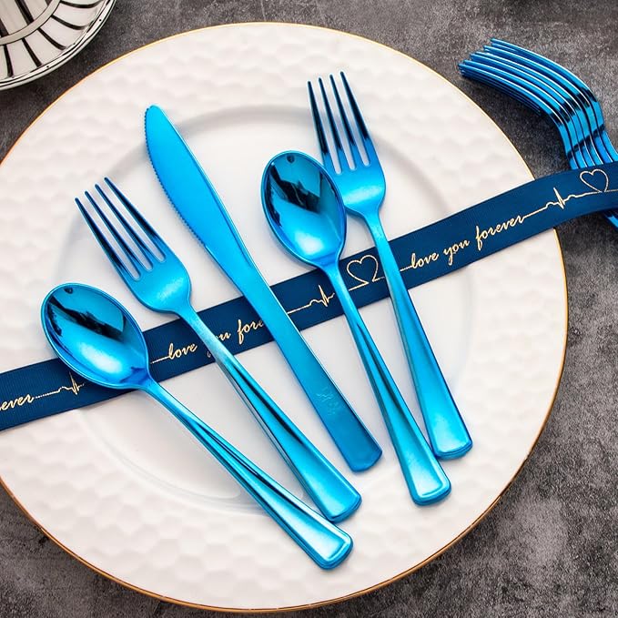 Supernal 240pcs Blue Plastic Silverware, Party Disposable Utensils, Plastic - Image 2