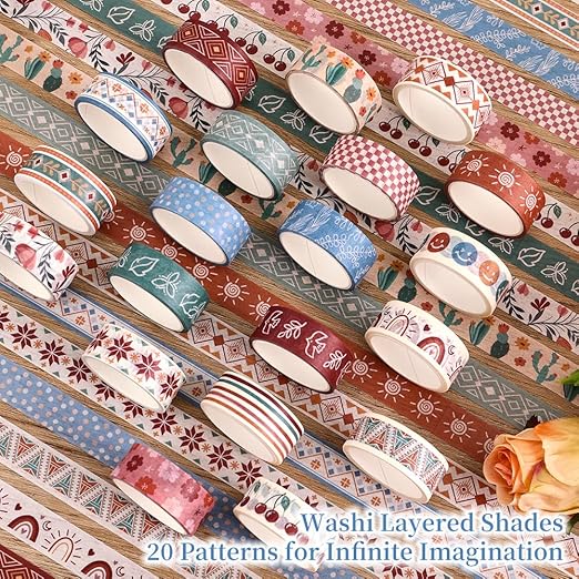20 Rolls Bohemia Theme Washi Tape Set, Writable Decorative Tapes - Image 3