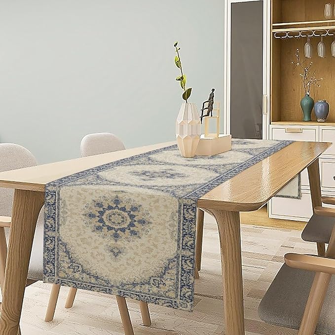 Boho Bohemia Style Table Runner, Vintage Blue Gold Retro Flower Rustic Country - Image 3