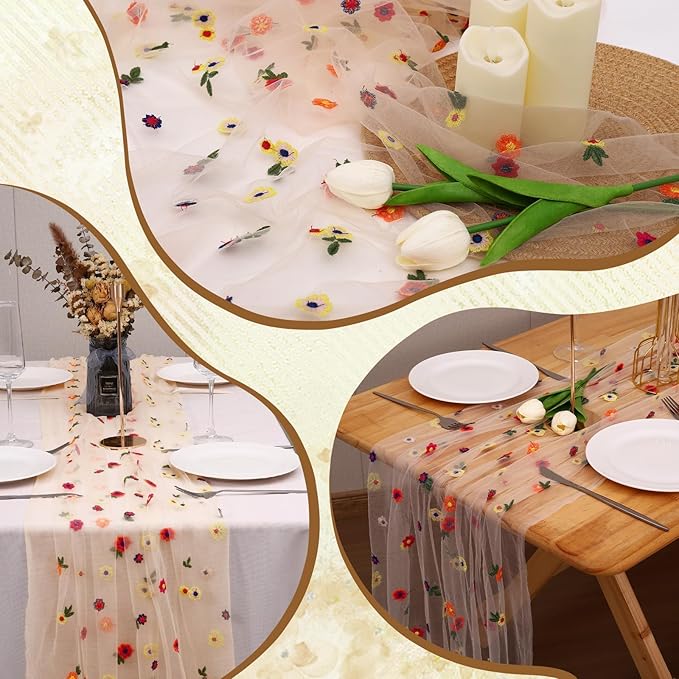 6PCS Champagne Floral Table Runner 10 FT, Embroidery Daisy Table Runners - Image 4