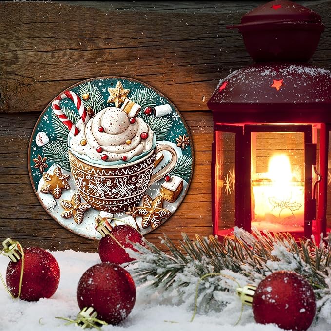 Round Christmas Signs Hot Cocoa Bar Metal Tin Sign Christmas Decor - Image 5