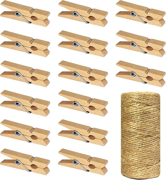 Mini Wooden Clothespins With Jute Twine, 1.4 Inch Photo Paper Peg Pin Craft by Millennial+Essentials