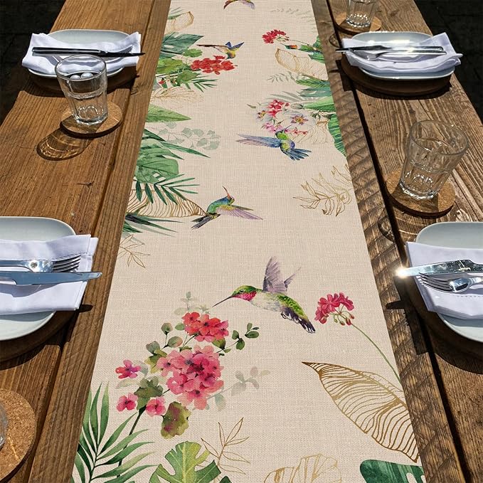 Seliem Summer Tropical Hummingbird Palm Leaf Greenery Table Runner, Spring by Seliem