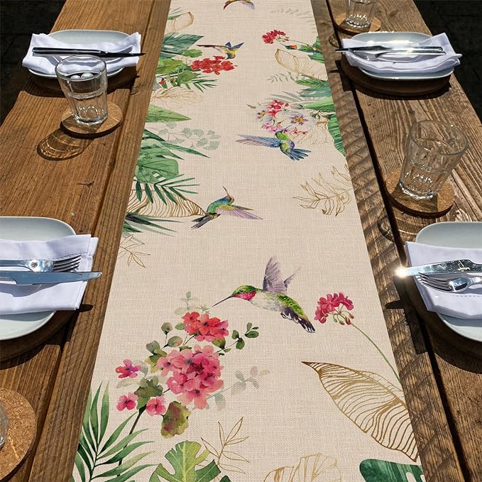 Seliem Summer Tropical Hummingbird Palm Leaf Greenery Table Runner, Spring by Seliem