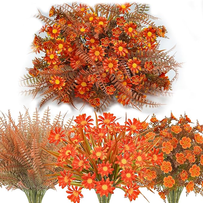 16 Pcs Fake Fall Flowers Outdoor Fall Artificial Flower Arrangements Faux Fall by Tepaler