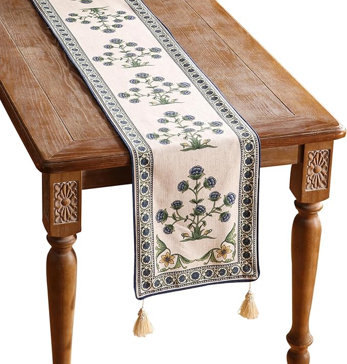 patdrea Designer Blue Rustic Elegant Floral Patterned Linen Table Runner 71 by Welcometopatdrea