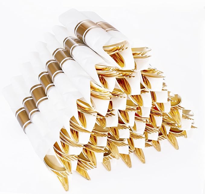 50Guests Pre Rolled Gold Plastic Silverware Sets by Joyido