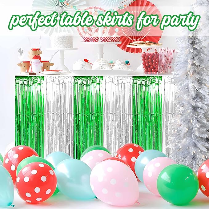 3 Pack Silver Green Foil Fringe Table Skirts Metallic Tinsel Streamers Garland - Image 7