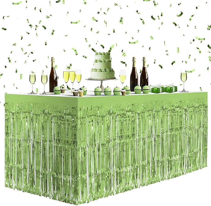 4 Pack Light Green Table Skirts, 29x108" Metallic Foil Tinsel Fringe Table by Unknown