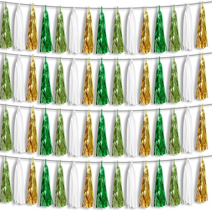 4P Sage-Green Beige-Mint Gold Foil Fringe Metallic Tassel Garland Banner by HYSILLA