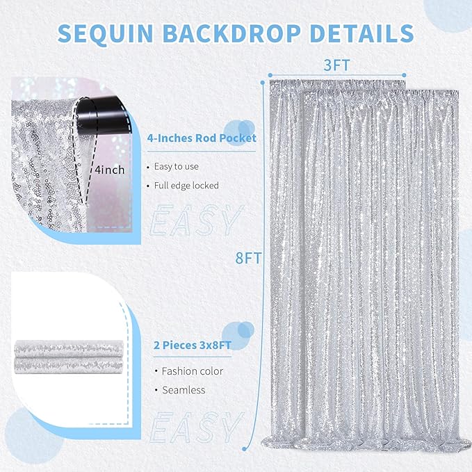 Sequin Backdrop Curtains 6ft x 8ft Silver Background Wedding Decoration Panels - Image 5