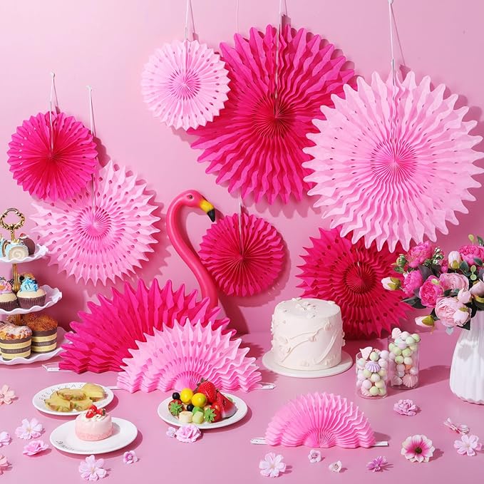 Outus 12 Pcs Hanging Honeycomb Paper Fans Sets, Fiesta Hot Pink Party - Image 4