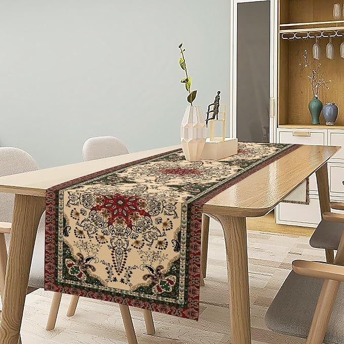 Vintage Paisley Bohemian Table Runner Beige Red Rustic Farmhouse Home Kitchen - Image 2
