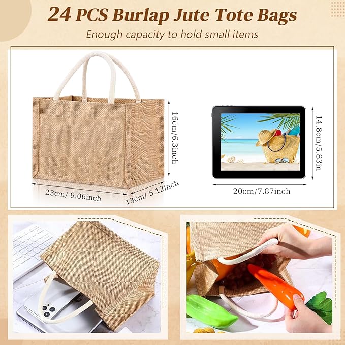 Cunno 24 Pcs Burlap Tote Bag Mini Jute Reusable Waterproof Bag - Image 2