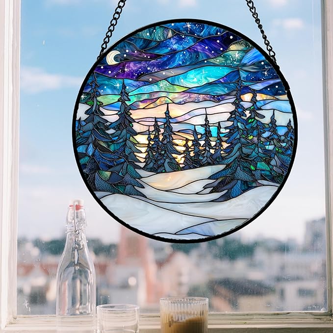 Stained Glass Window Hanging, Starry Sky Trees and Snow Sun Catchers Glass - Image 4