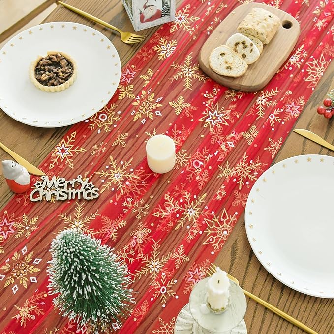 Artoid Mode Red Gold Snowflakes Christmas Gauze Table Runner 120 Inch 10FT - Image 4