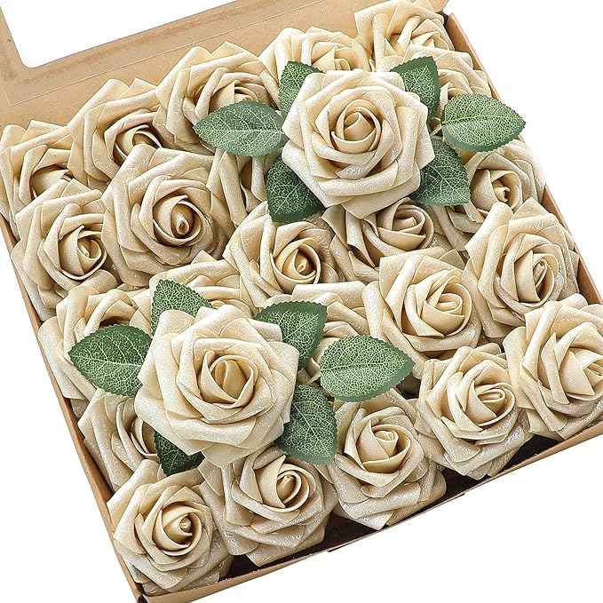Floroom Artificial Flowers 25pcs Real Looking Champagne Gold Foam Fake Roses by Floroom