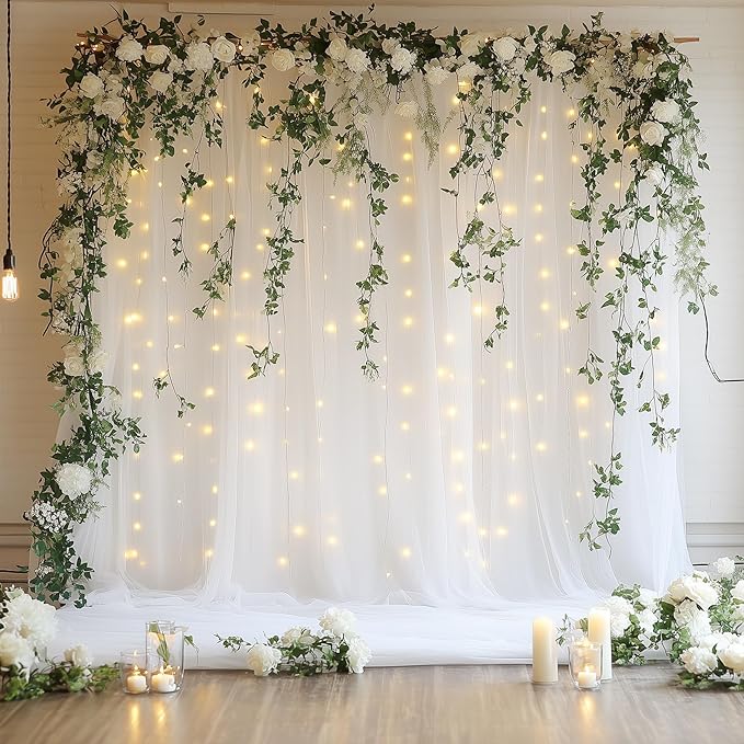Tulle Backdrop Curtain with Lights String 10FT X 10FT White Sheer Tulle by Xiomot
