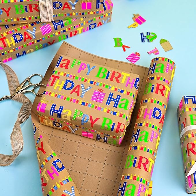 Yarcony Kraft Birthday Wrapping Paper Mini Roll, Gift Wrapping Paper, - Image 4