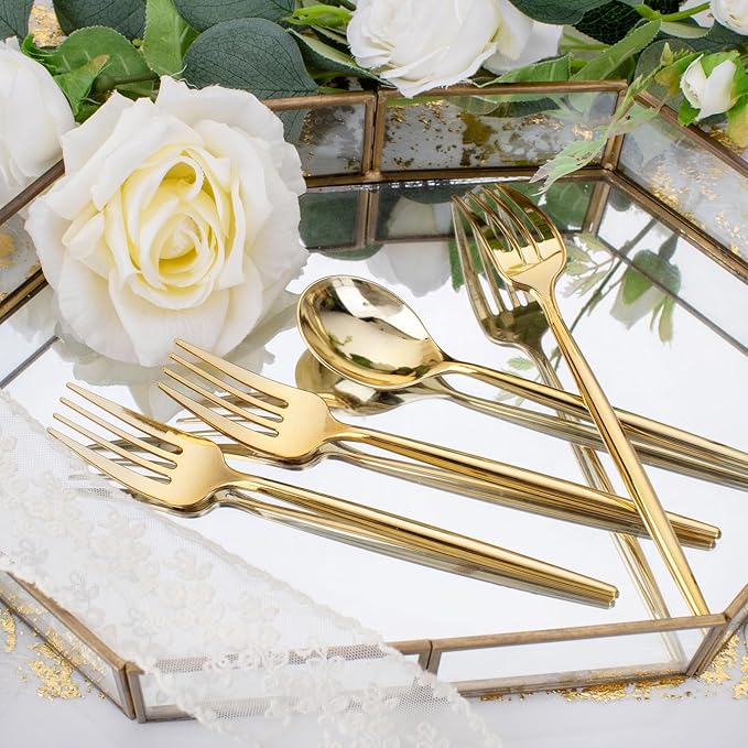 SUT 200PCS Gold Plastic Forks and Spoons Heavy Duty Set, Disposable Utensils - Image 5