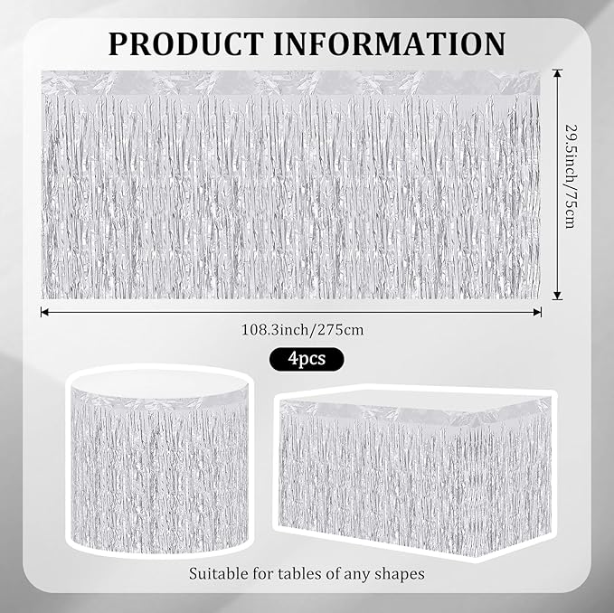 4 Pack 29.5x108 Inch Metallic Foil Fringe Tinsel Table Skirts, Streamer Garland - Image 2