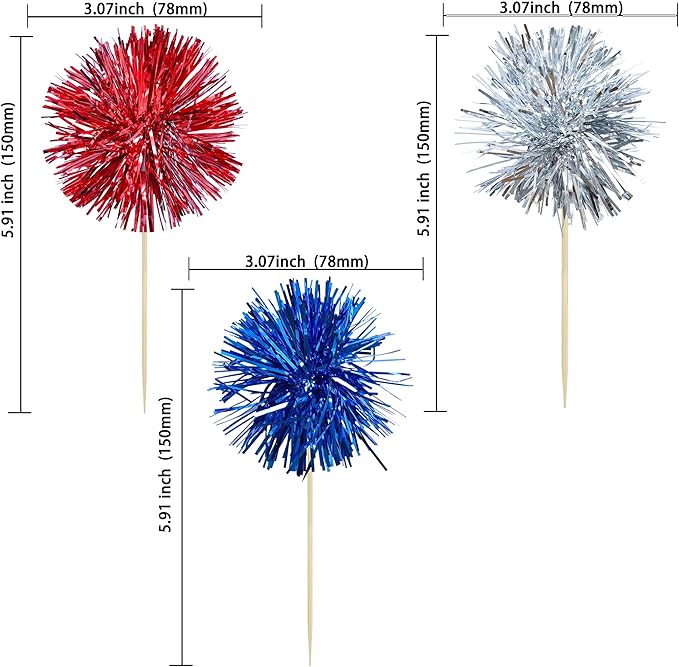 Ephlyn 30Pcs Foil Firework Cupcake Toppers Sparkle Tinsel Cupcake Picks Happy - Image 2